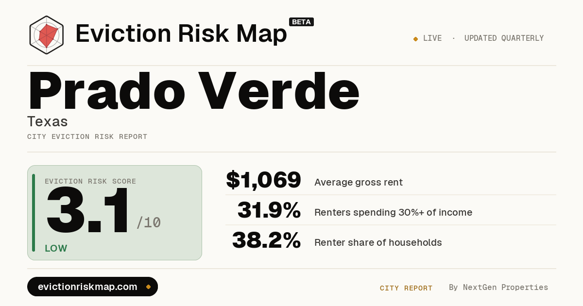 Verde Risk Management Prado Verde, TX Eviction Risk: VERY LOW (1.9/10)
